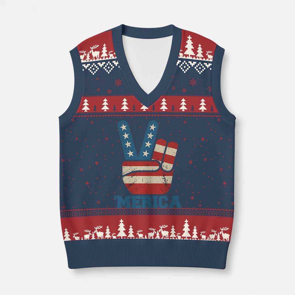 Vintage ‘Merica Peace Sign V-Neck Knit Sweater Vest Retro Patriotic 4th of July USA Flag - Wonder Print Shop