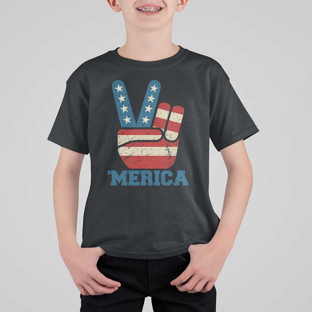 Vintage ‘Merica Peace Sign T Shirt For Kid Retro Patriotic 4th of July USA Flag
