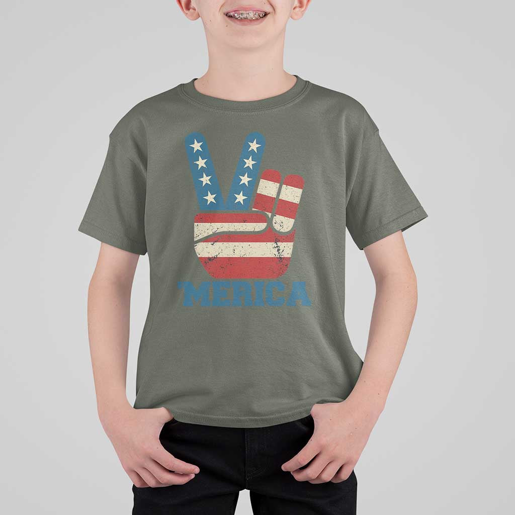Vintage ‘Merica Peace Sign T Shirt For Kid Retro Patriotic 4th of July USA Flag