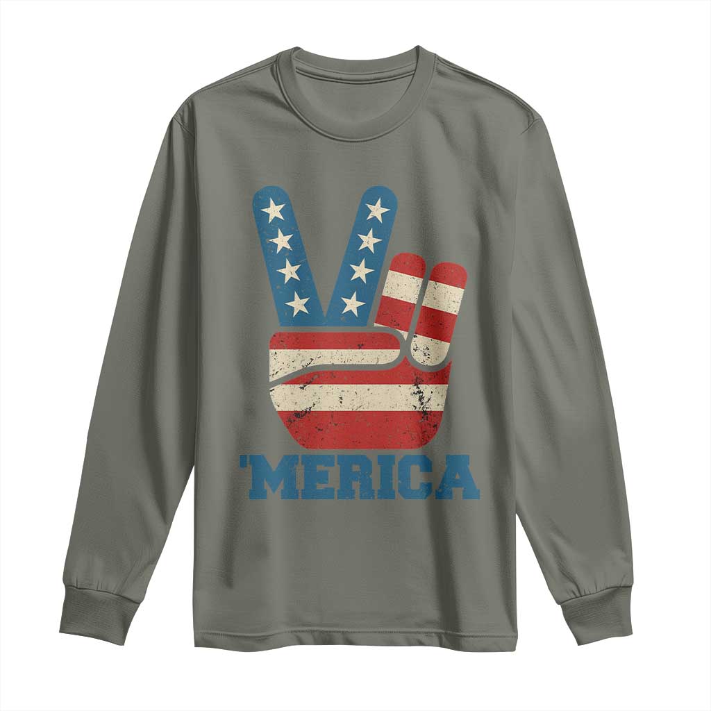 Vintage ‘Merica Peace Sign Long Sleeve Shirt Retro Patriotic 4th of July USA Flag