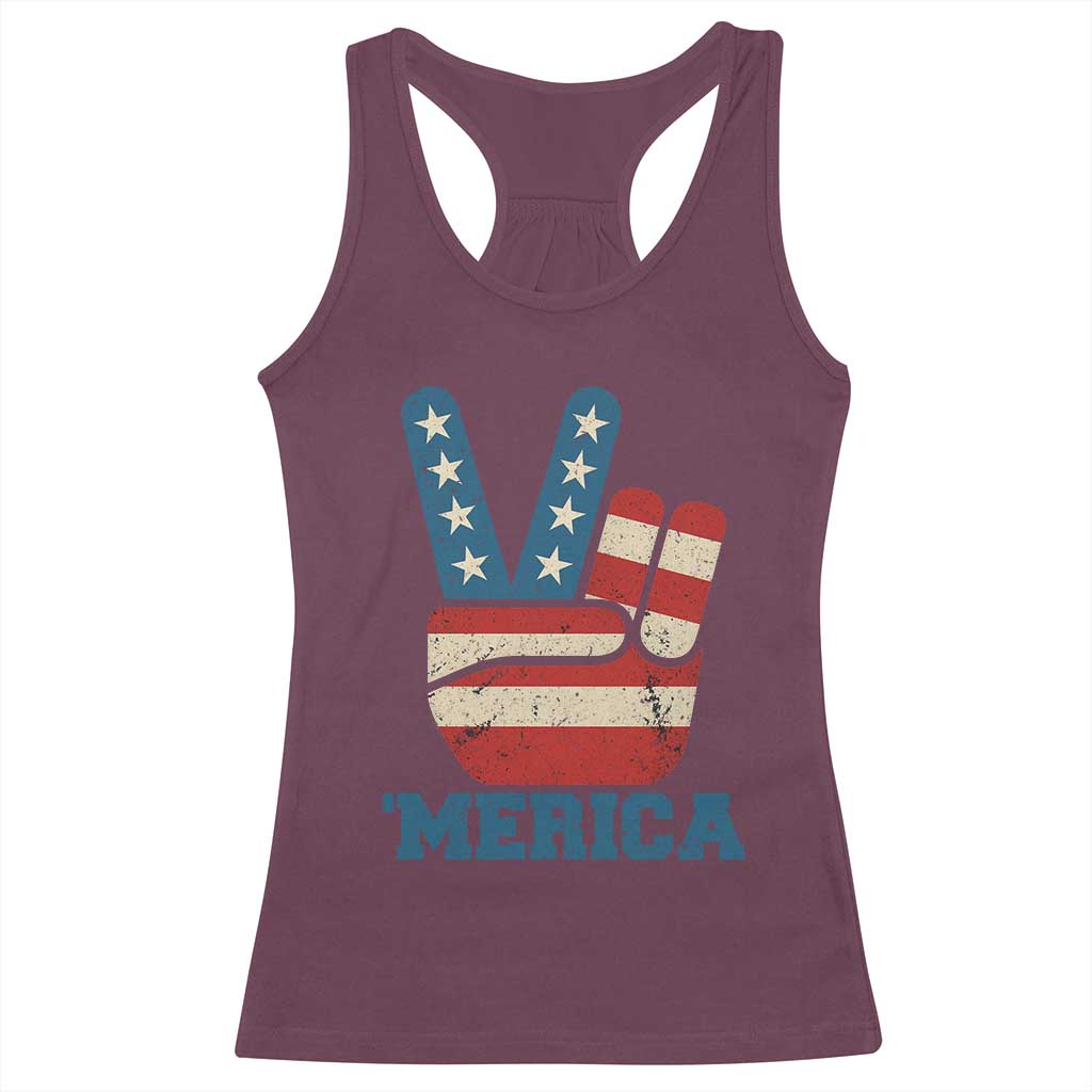 Vintage ‘Merica Peace Sign Racerback Tank Top Retro Patriotic 4th of July USA Flag