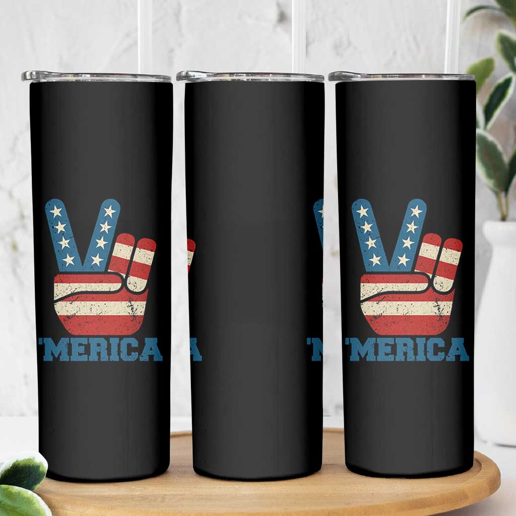 Vintage ‘Merica Peace Sign Skinny Tumbler Retro Patriotic 4th of July USA Flag