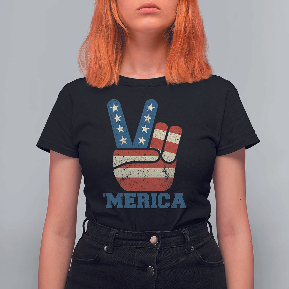 Vintage ‘Merica Peace Sign T Shirt For Women Retro Patriotic 4th of July USA Flag