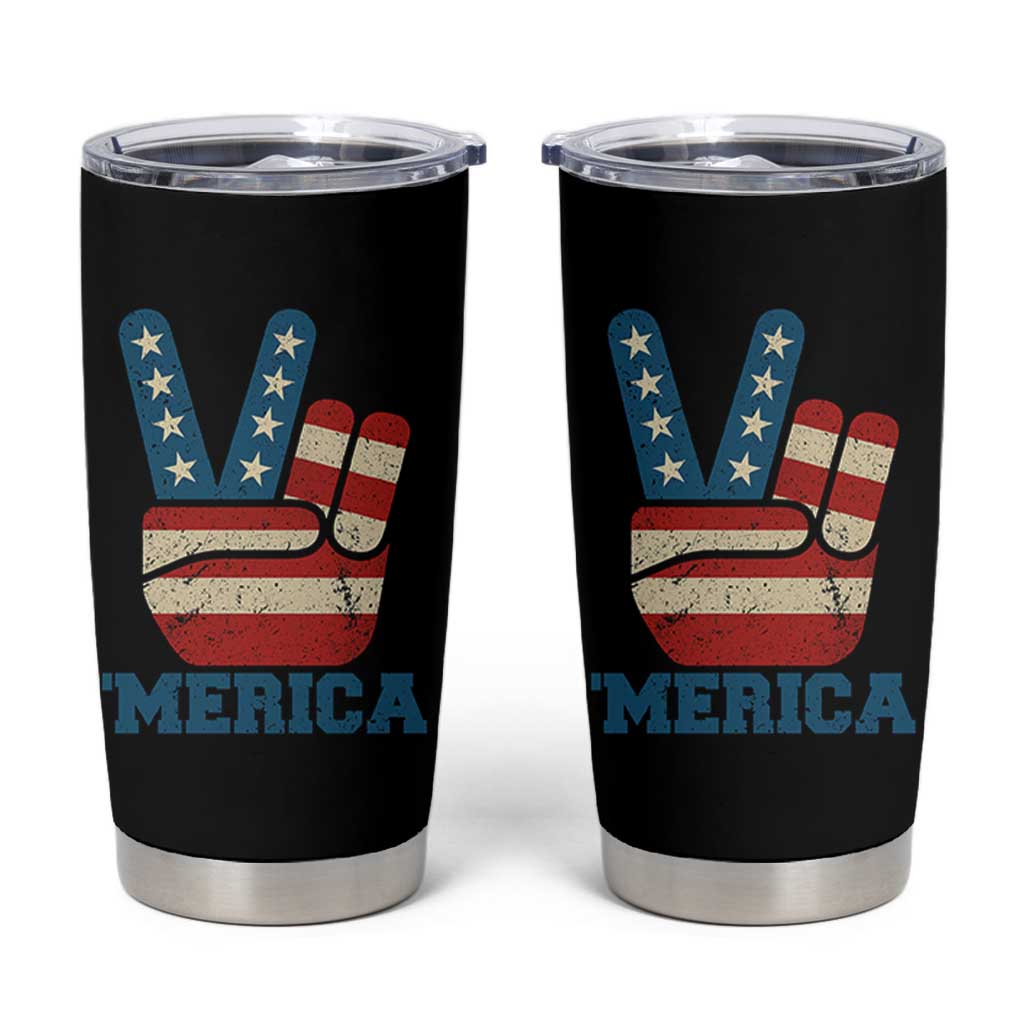 Vintage ‘Merica Peace Sign Tumbler Cup Retro Patriotic 4th of July USA Flag