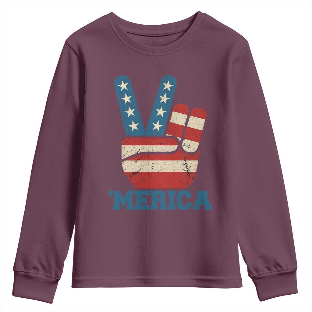 Vintage ‘Merica Peace Sign Youth Sweatshirt Retro Patriotic 4th of July USA Flag