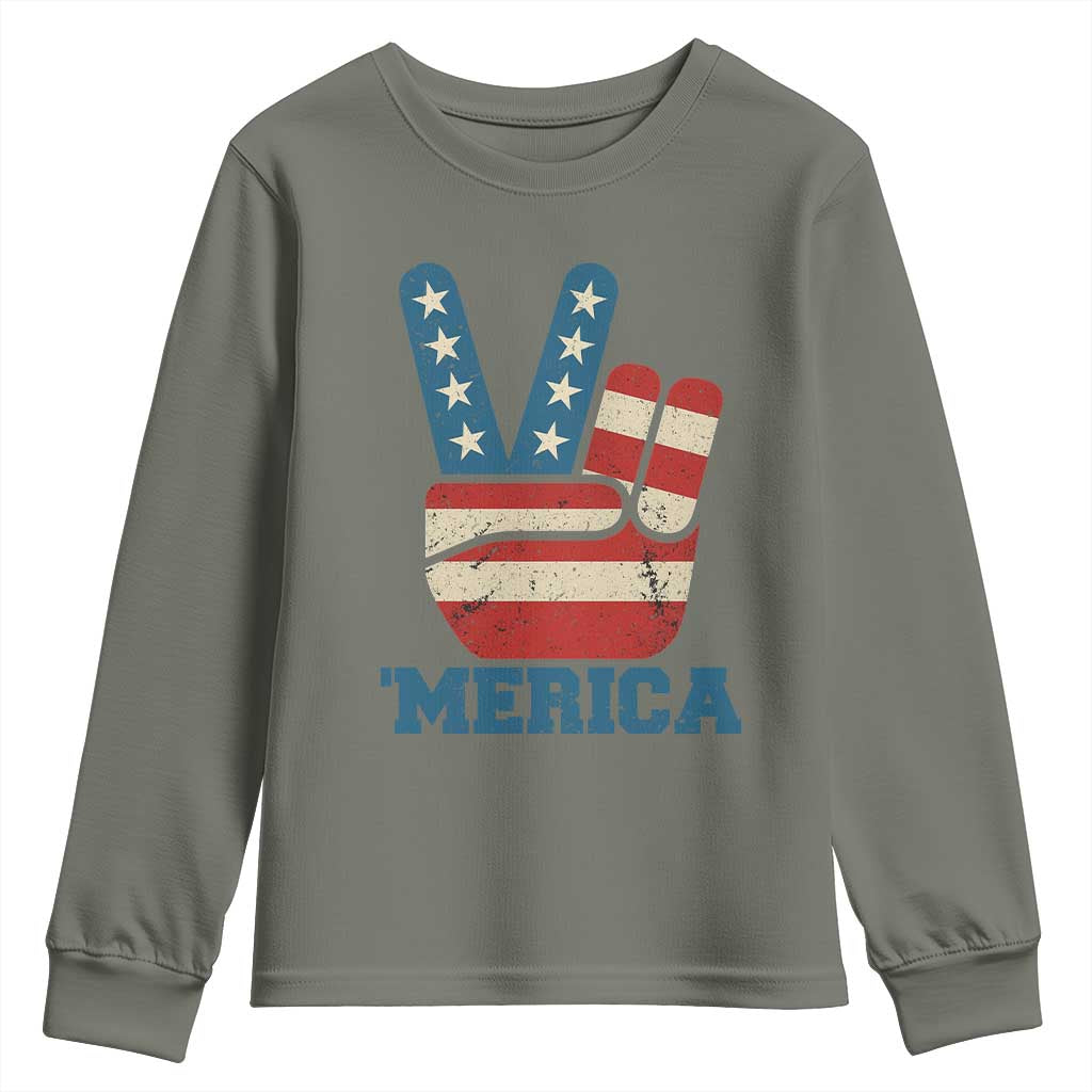 Vintage ‘Merica Peace Sign Youth Sweatshirt Retro Patriotic 4th of July USA Flag