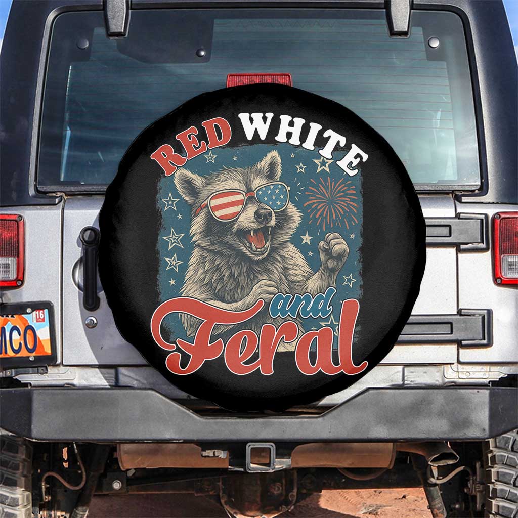 Red White and Feral Raccoon Spare Tire Cover Funny Patriotic Fireworks Wild 4th of July Vibes - Wonder Print Shop