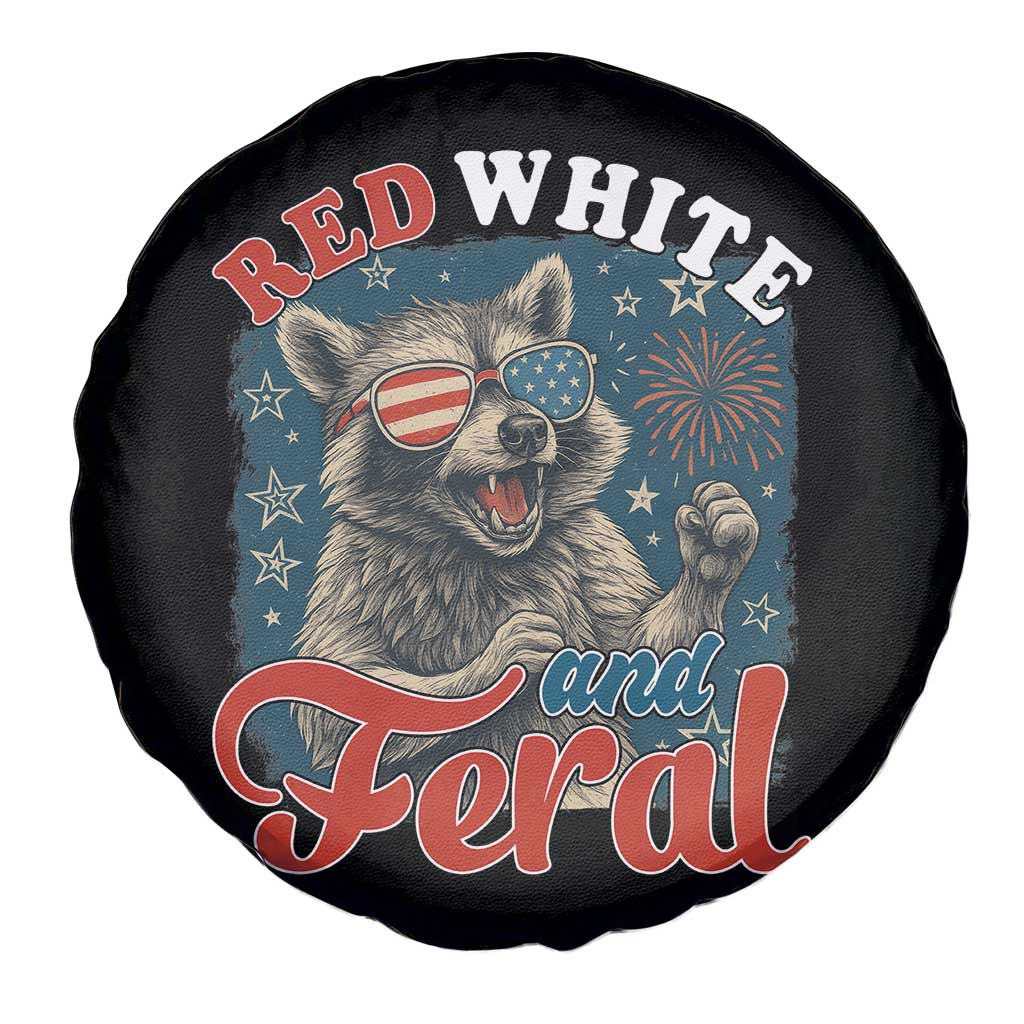 Red White and Feral Raccoon Spare Tire Cover Funny Patriotic Fireworks Wild 4th of July Vibes - Wonder Print Shop