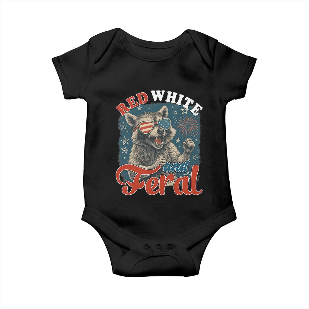 Red White and Feral Raccoon Baby Onesie Funny Patriotic Fireworks Wild 4th of July Vibes - Wonder Print Shop