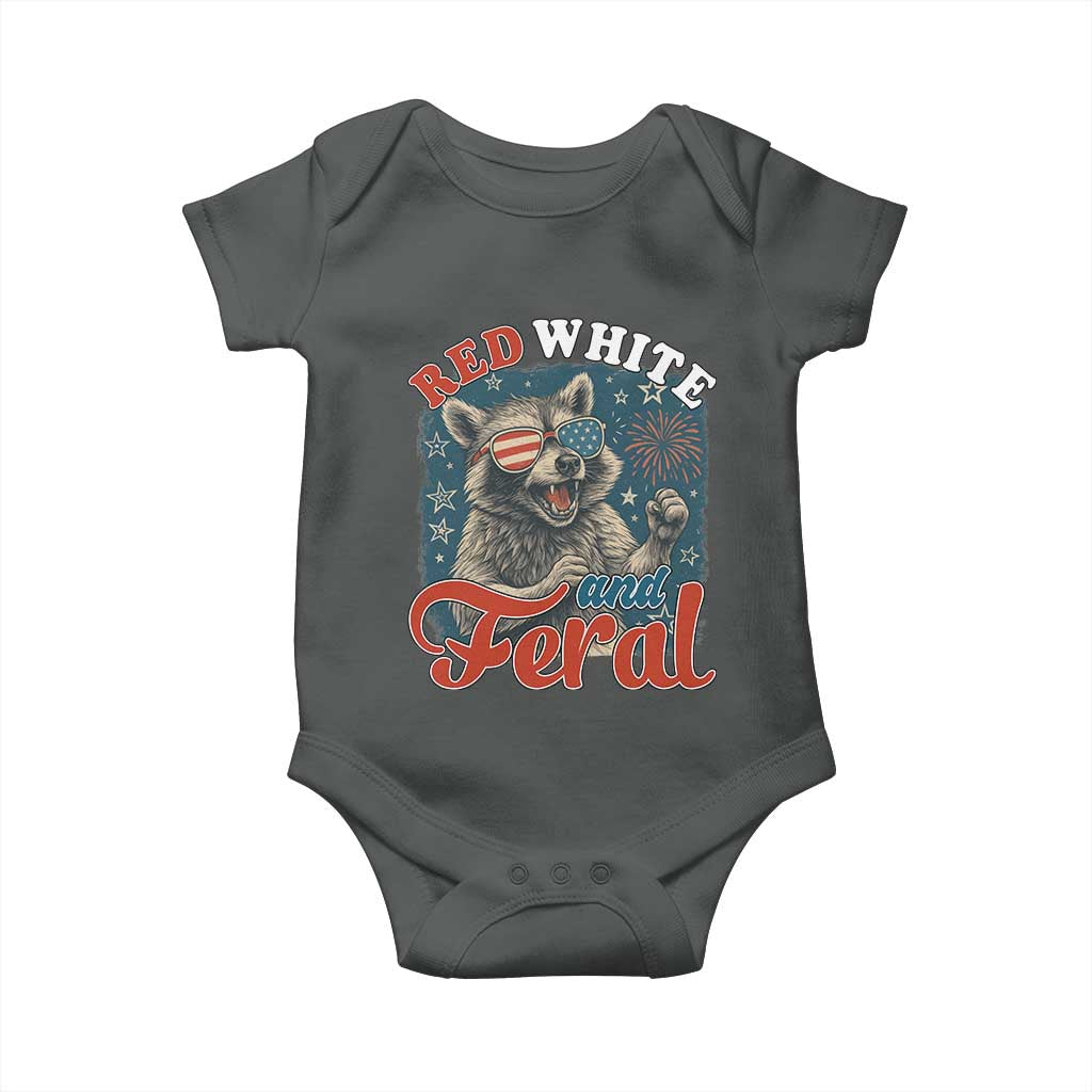 Red White and Feral Raccoon Baby Onesie Funny Patriotic Fireworks Wild 4th of July Vibes - Wonder Print Shop