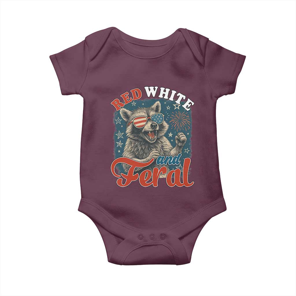 Red White and Feral Raccoon Baby Onesie Funny Patriotic Fireworks Wild 4th of July Vibes - Wonder Print Shop