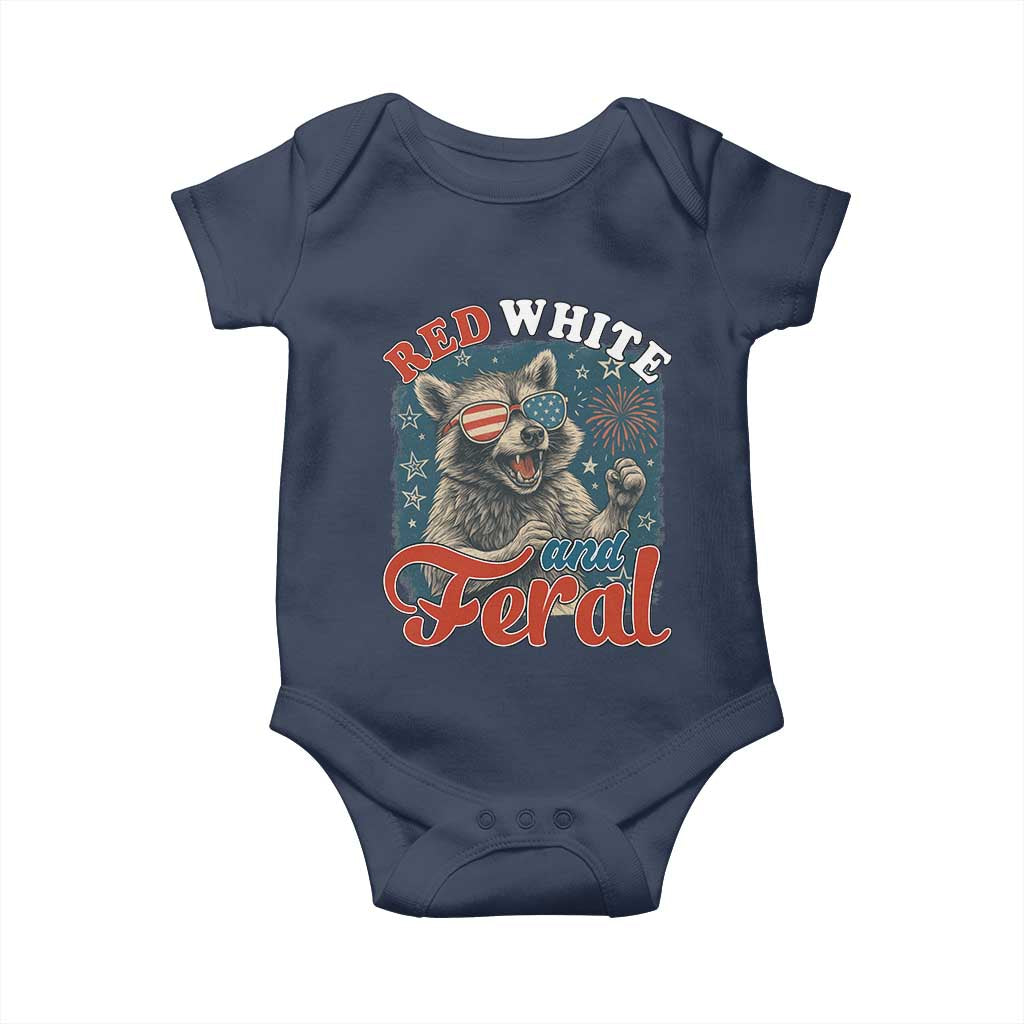 Red White and Feral Raccoon Baby Onesie Funny Patriotic Fireworks Wild 4th of July Vibes - Wonder Print Shop