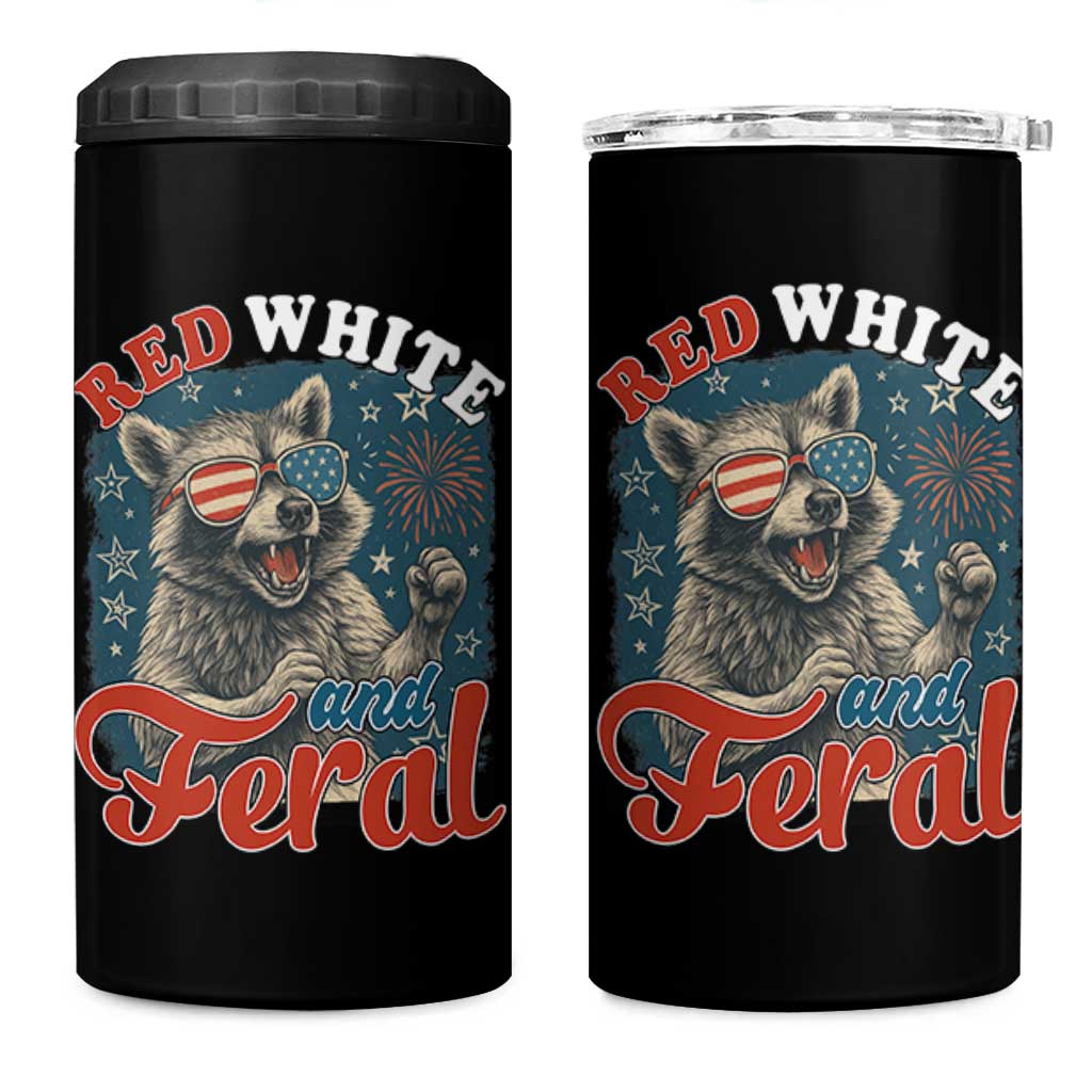 Red White and Feral Raccoon 4 in 1 Can Cooler Tumbler Funny Patriotic Fireworks Wild 4th of July Vibes - Wonder Print Shop