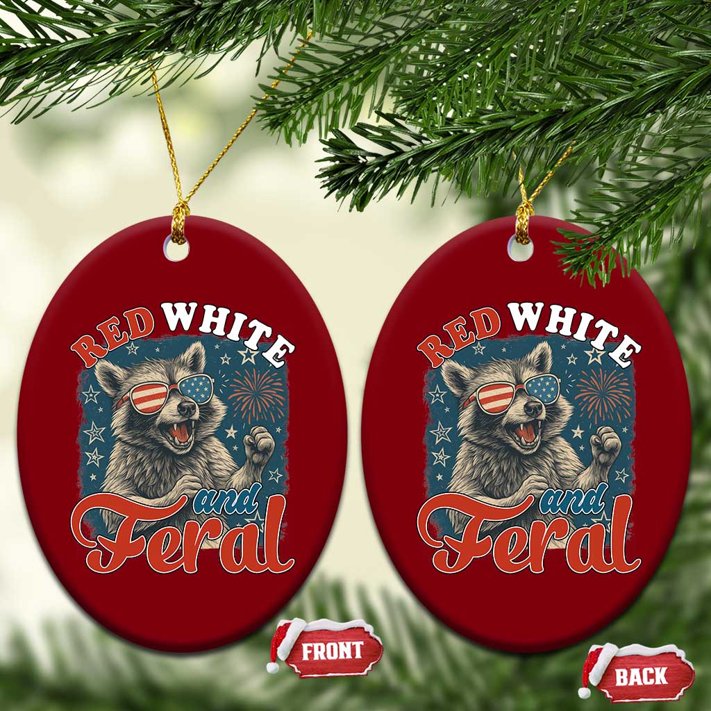 Red White and Feral Raccoon Ceramic Ornament Funny Patriotic Fireworks Wild 4th of July Vibes - Wonder Print Shop