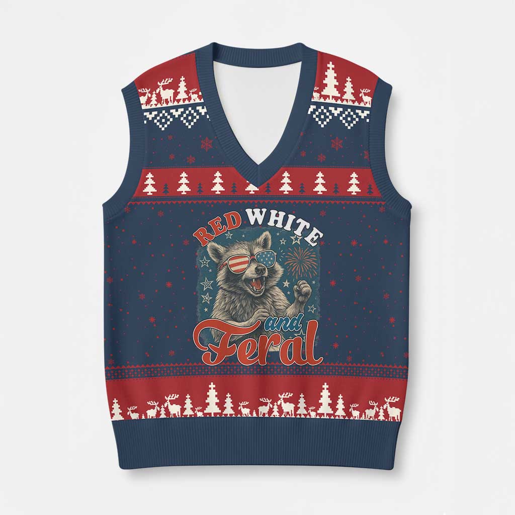Red White and Feral Raccoon V-Neck Knit Sweater Vest Funny Patriotic Fireworks Wild 4th of July Vibes - Wonder Print Shop