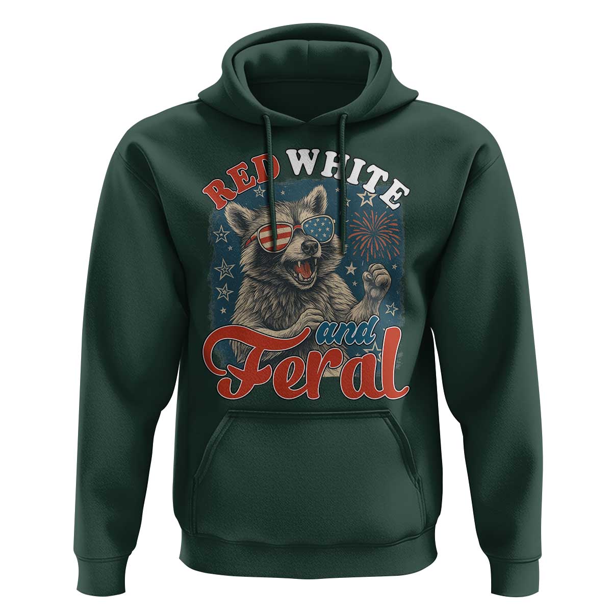 Red White and Feral Raccoon Hoodie Funny Patriotic Fireworks Wild 4th of July Vibes - Wonder Print Shop
