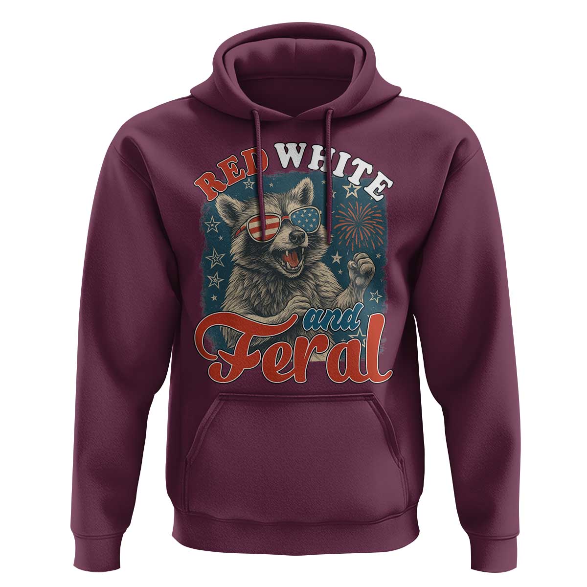 Red White and Feral Raccoon Hoodie Funny Patriotic Fireworks Wild 4th of July Vibes - Wonder Print Shop