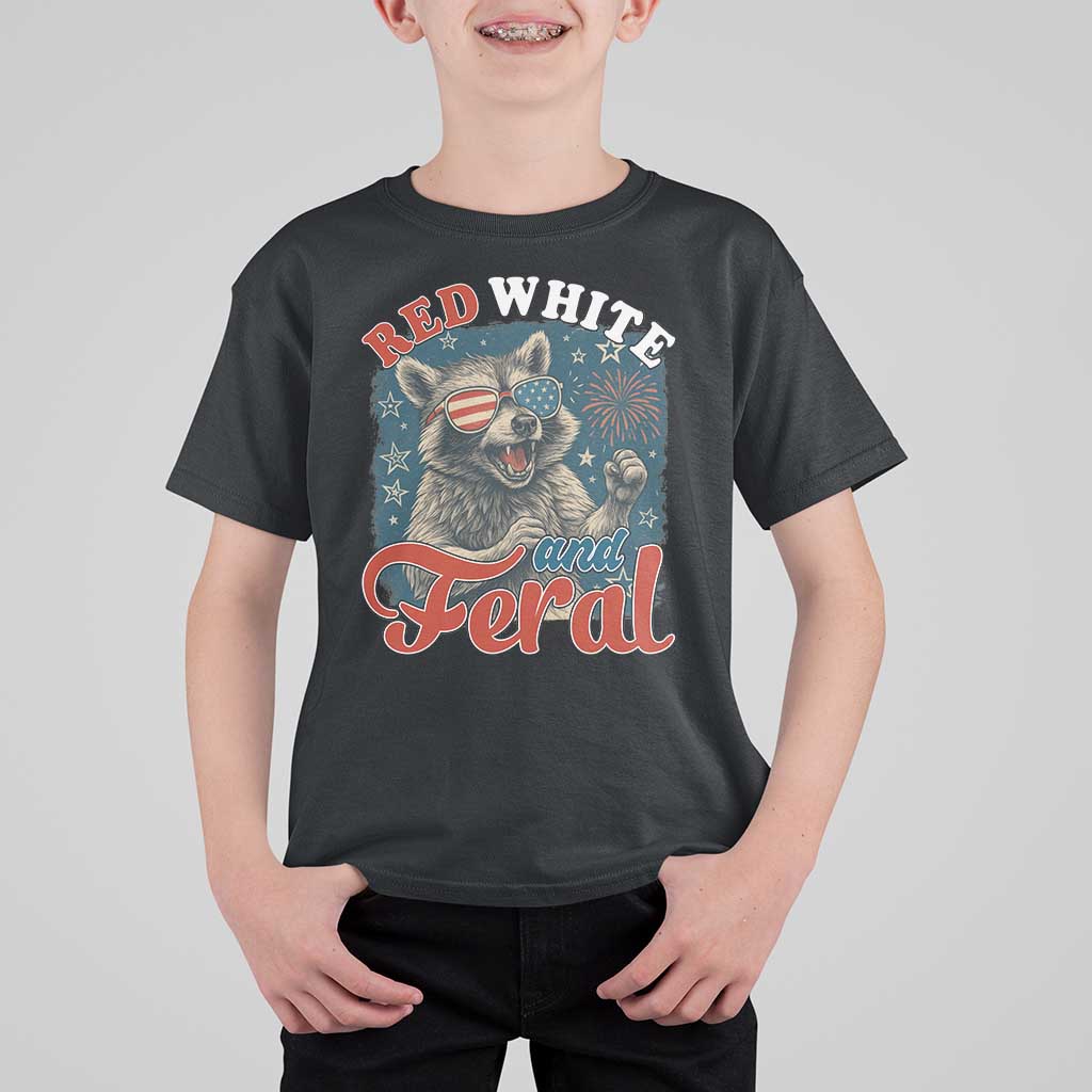 Red White and Feral Raccoon T Shirt For Kid Funny Patriotic Fireworks Wild 4th of July Vibes - Wonder Print Shop
