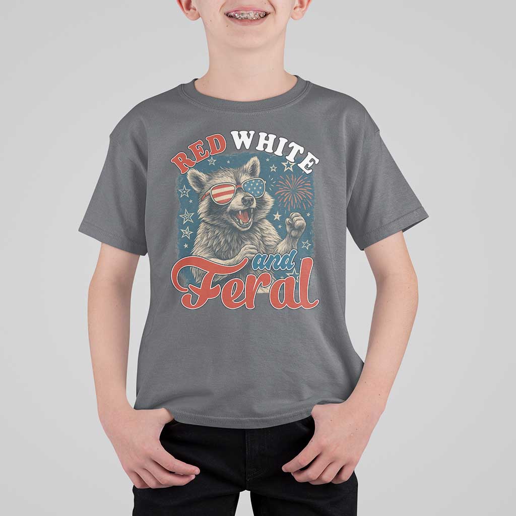 Red White and Feral Raccoon T Shirt For Kid Funny Patriotic Fireworks Wild 4th of July Vibes - Wonder Print Shop