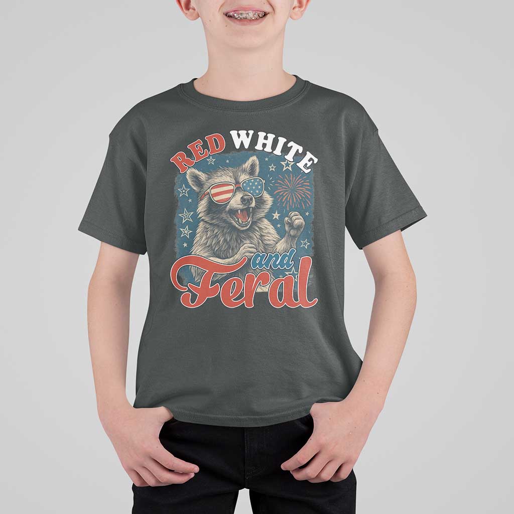 Red White and Feral Raccoon T Shirt For Kid Funny Patriotic Fireworks Wild 4th of July Vibes - Wonder Print Shop