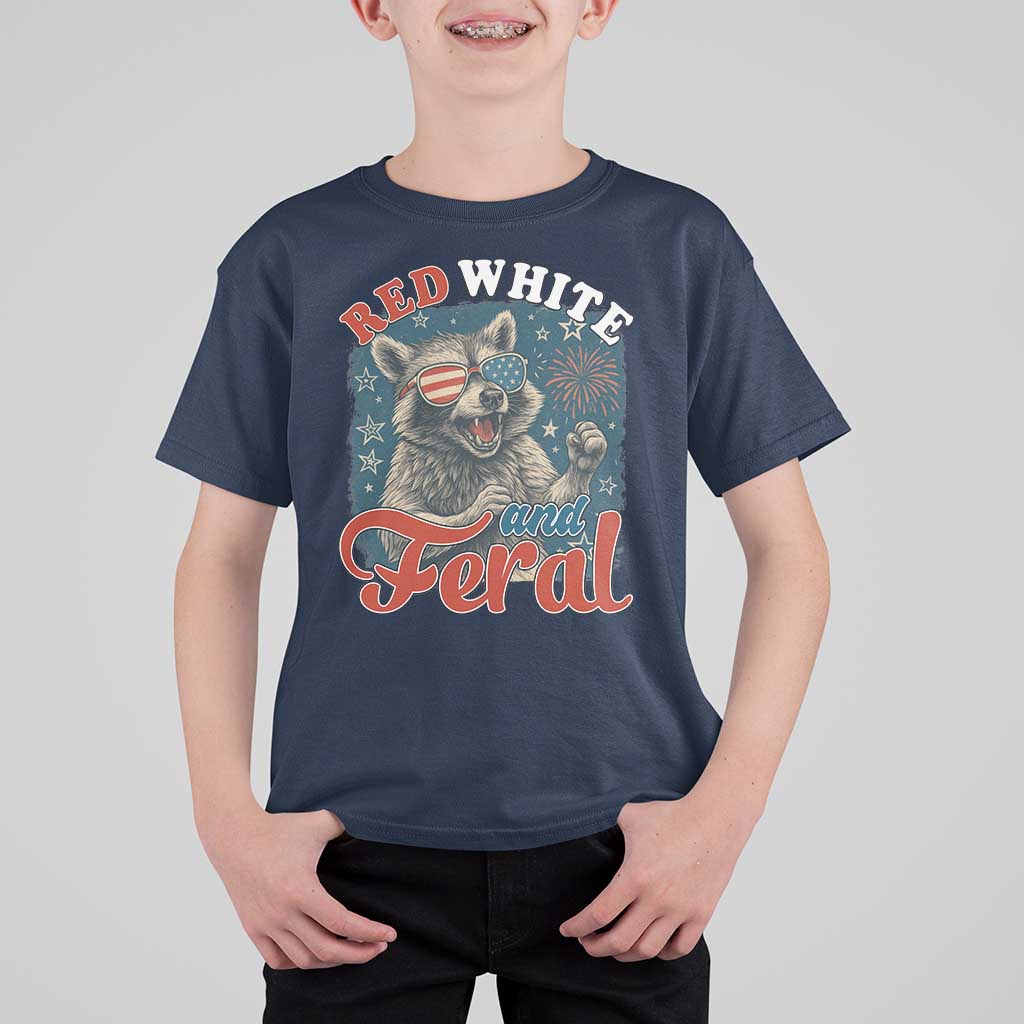 Red White and Feral Raccoon T Shirt For Kid Funny Patriotic Fireworks Wild 4th of July Vibes - Wonder Print Shop