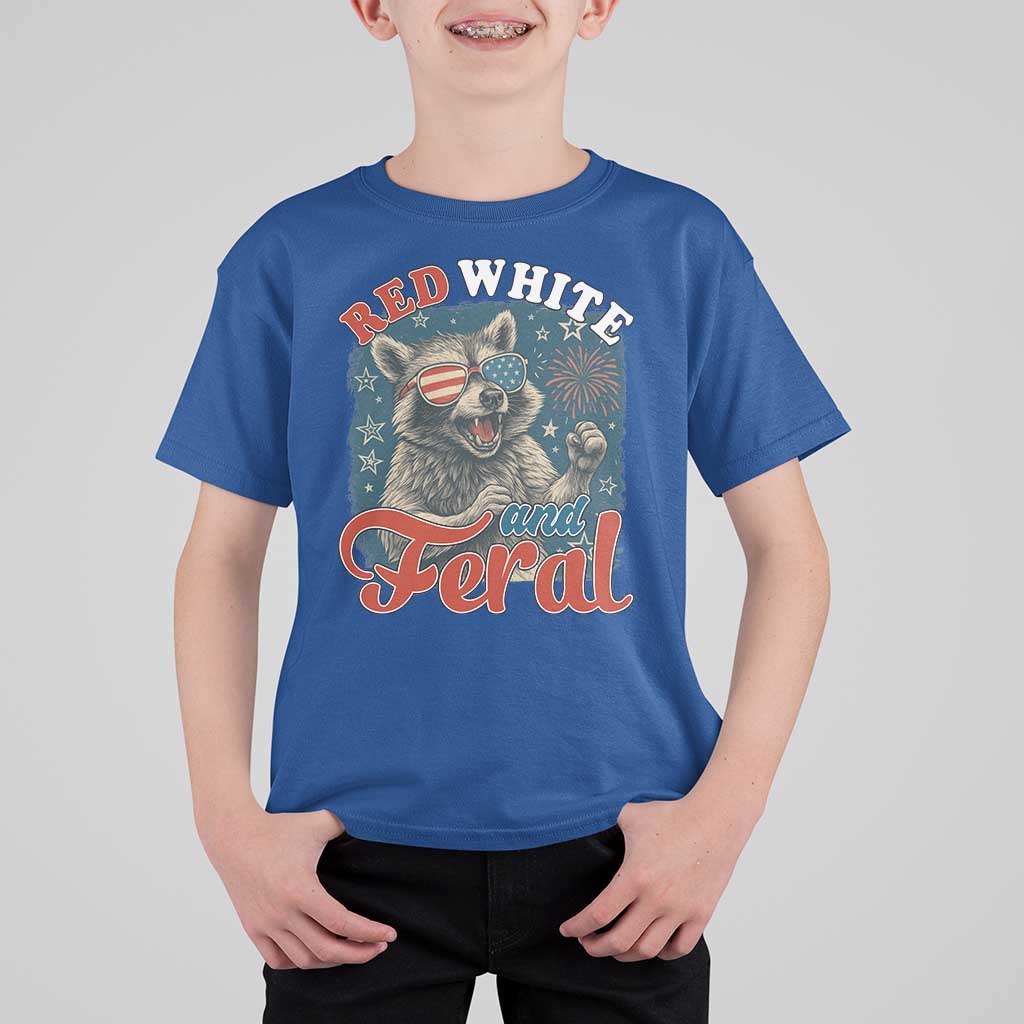 Red White and Feral Raccoon T Shirt For Kid Funny Patriotic Fireworks Wild 4th of July Vibes - Wonder Print Shop