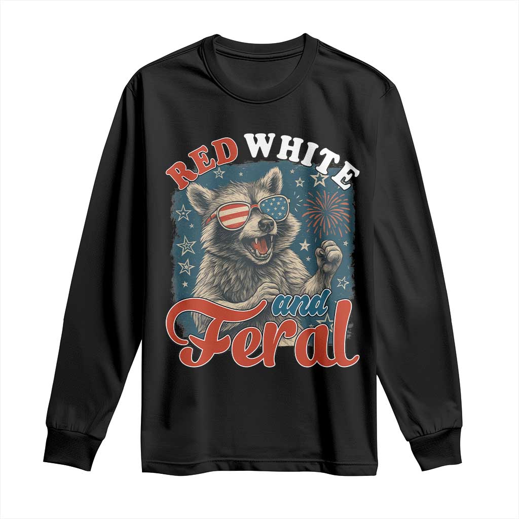 Red White and Feral Raccoon Long Sleeve Shirt Funny Patriotic Fireworks Wild 4th of July Vibes - Wonder Print Shop