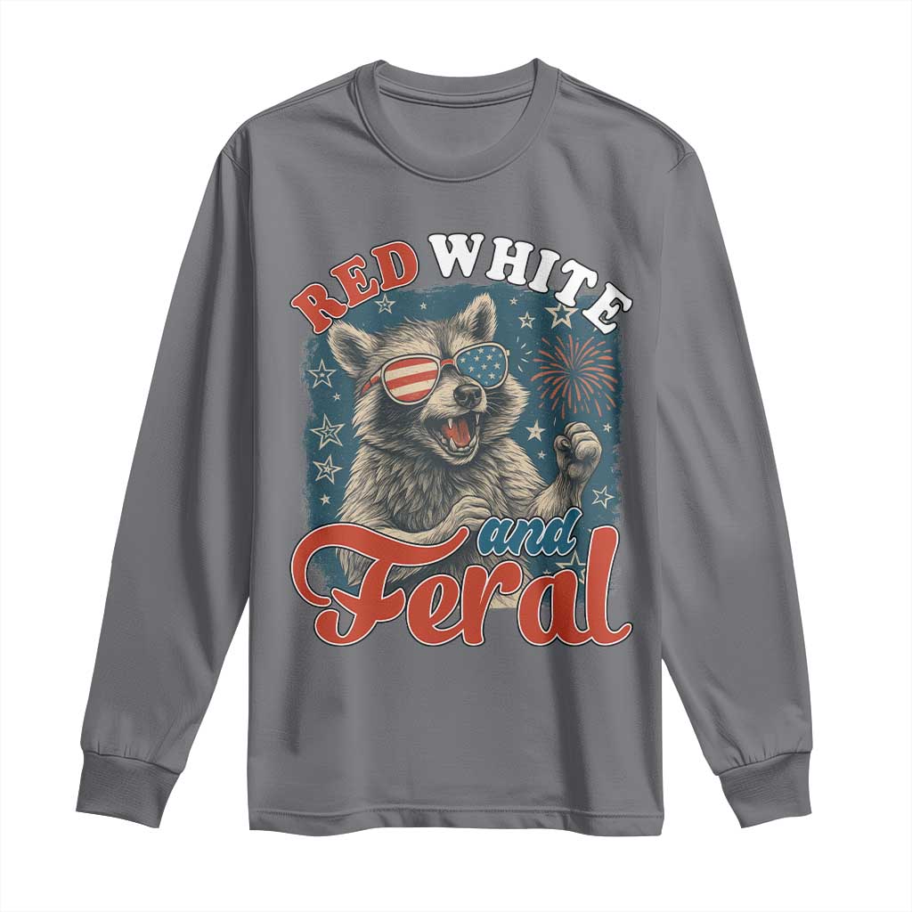 Red White and Feral Raccoon Long Sleeve Shirt Funny Patriotic Fireworks Wild 4th of July Vibes - Wonder Print Shop