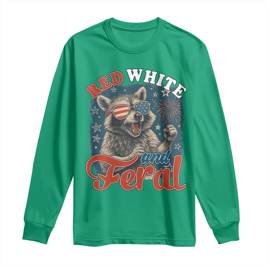 Red White and Feral Raccoon Long Sleeve Shirt Funny Patriotic Fireworks Wild 4th of July Vibes - Wonder Print Shop