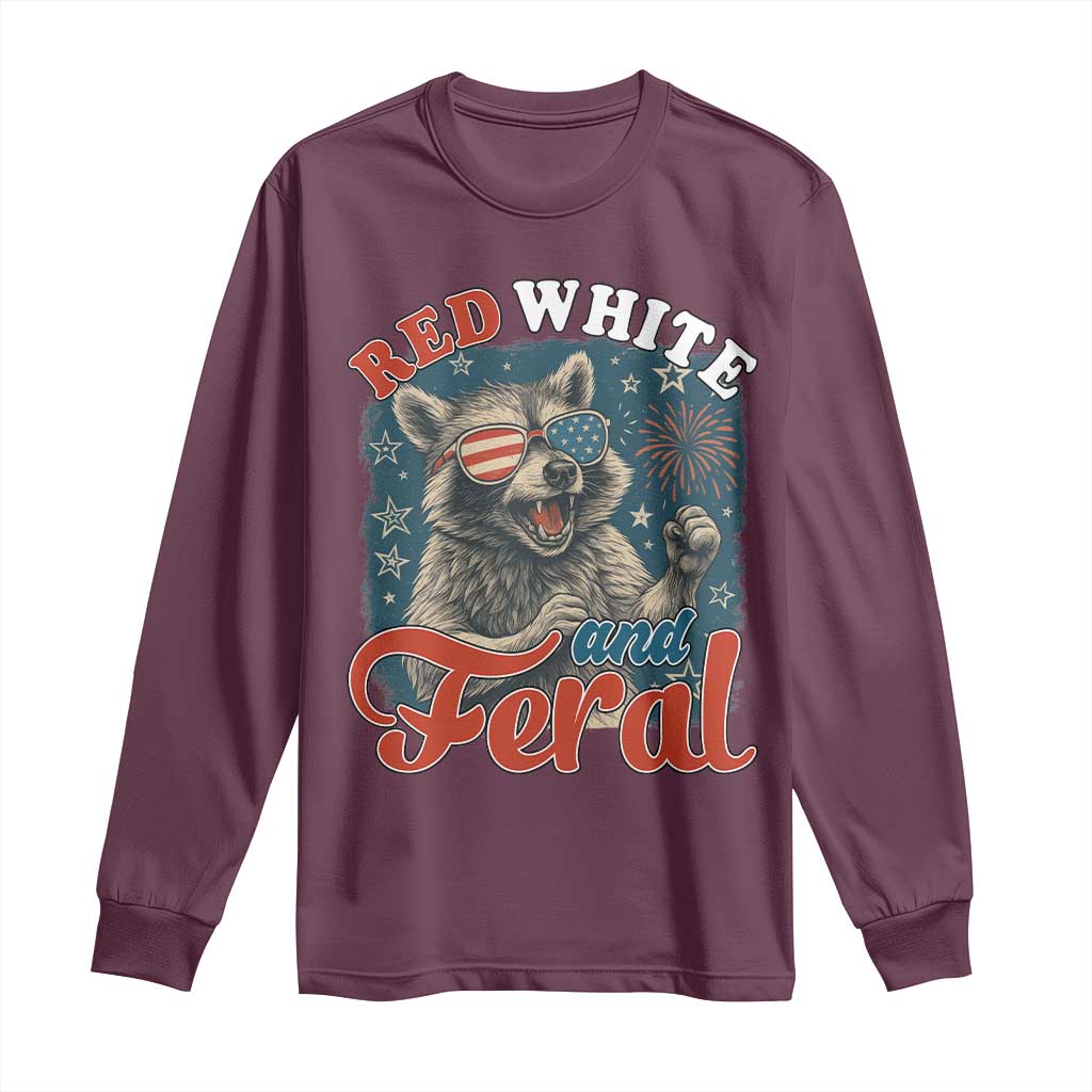 Red White and Feral Raccoon Long Sleeve Shirt Funny Patriotic Fireworks Wild 4th of July Vibes - Wonder Print Shop