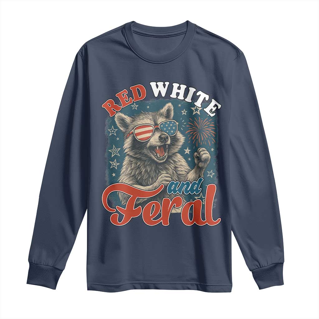 Red White and Feral Raccoon Long Sleeve Shirt Funny Patriotic Fireworks Wild 4th of July Vibes - Wonder Print Shop