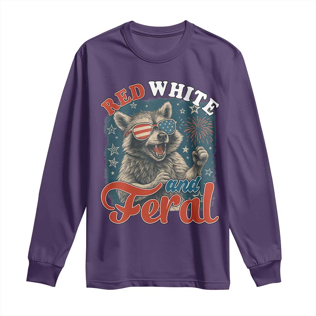 Red White and Feral Raccoon Long Sleeve Shirt Funny Patriotic Fireworks Wild 4th of July Vibes - Wonder Print Shop