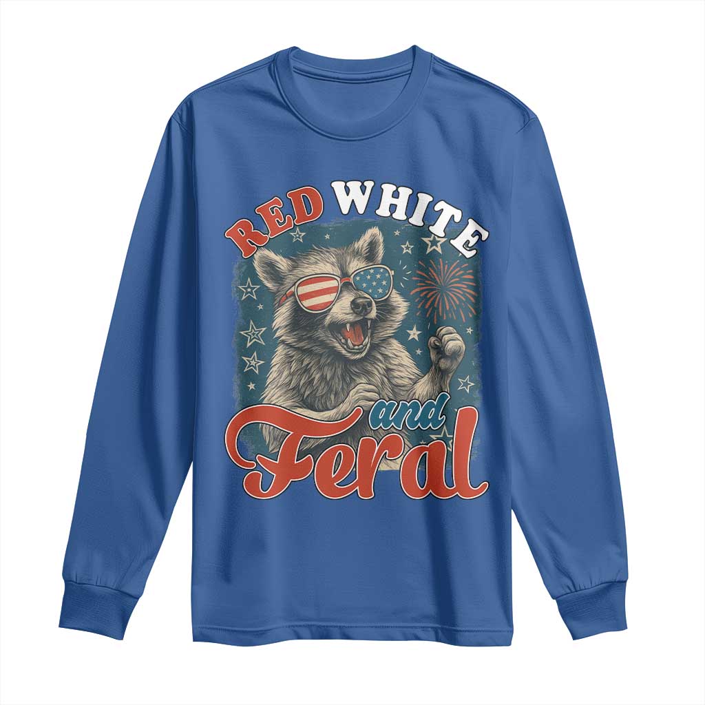 Red White and Feral Raccoon Long Sleeve Shirt Funny Patriotic Fireworks Wild 4th of July Vibes - Wonder Print Shop