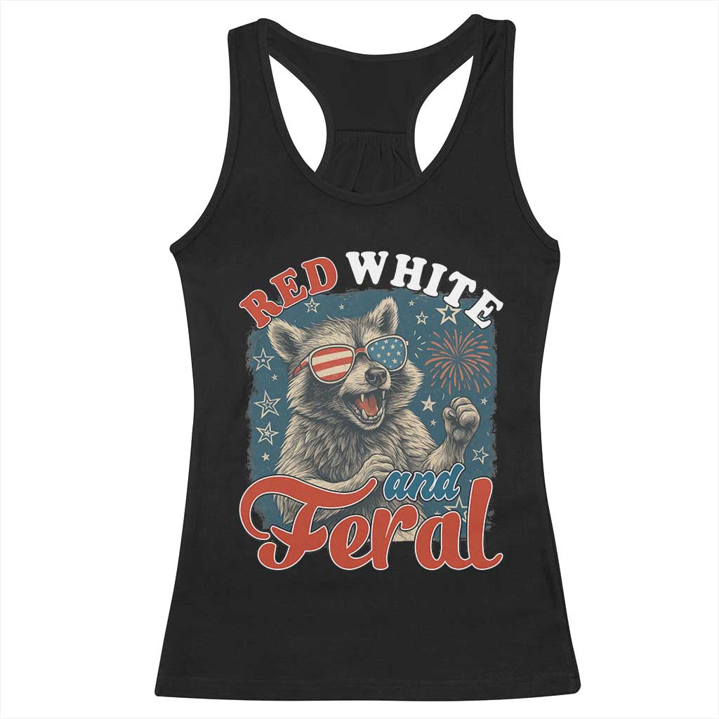 Red White and Feral Raccoon Racerback Tank Top Funny Patriotic Fireworks Wild 4th of July Vibes - Wonder Print Shop