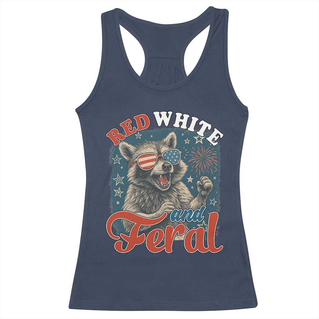 Red White and Feral Raccoon Racerback Tank Top Funny Patriotic Fireworks Wild 4th of July Vibes - Wonder Print Shop