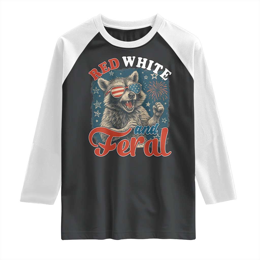 Red White and Feral Raccoon Raglan Shirt Funny Patriotic Fireworks Wild 4th of July Vibes - Wonder Print Shop