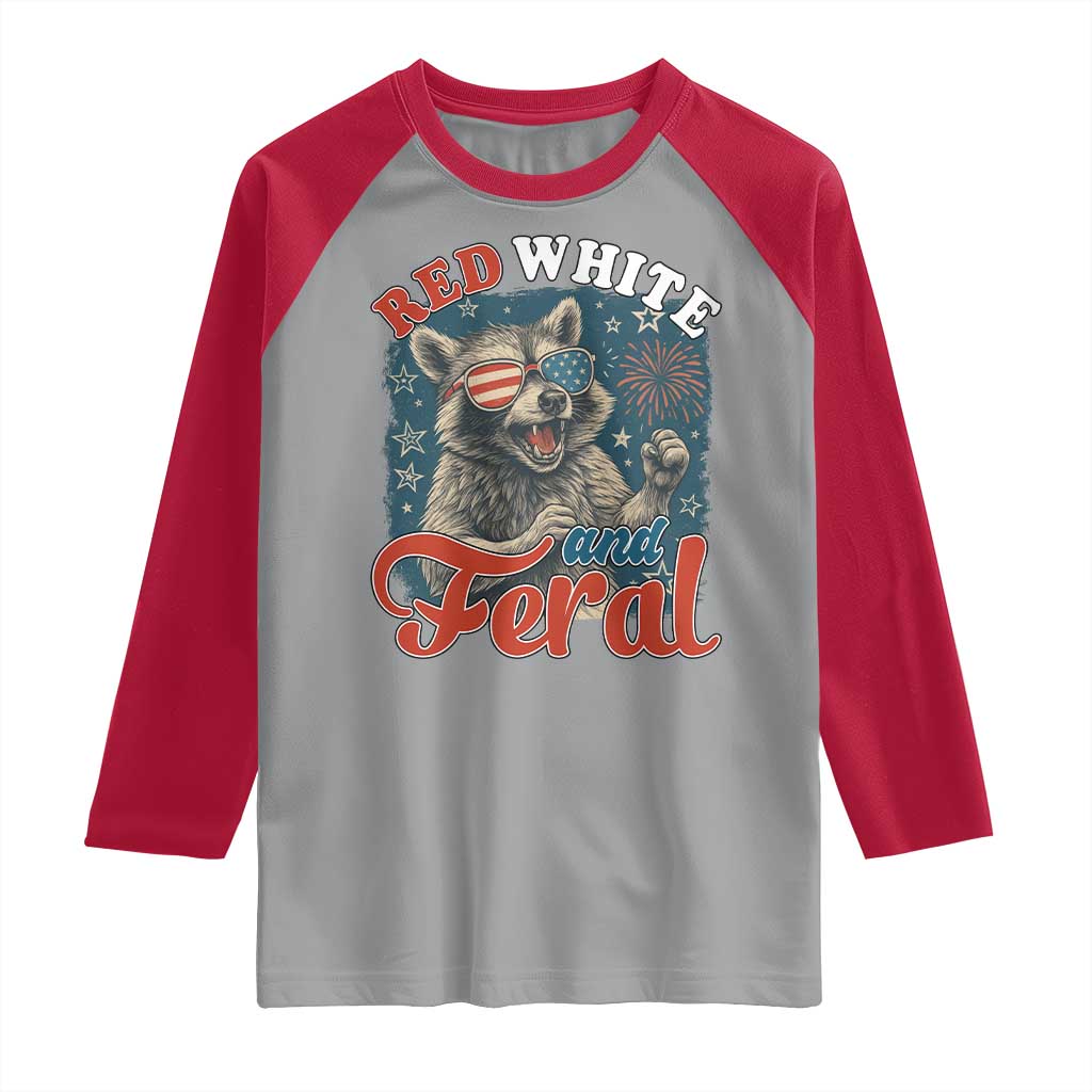 Red White and Feral Raccoon Raglan Shirt Funny Patriotic Fireworks Wild 4th of July Vibes - Wonder Print Shop