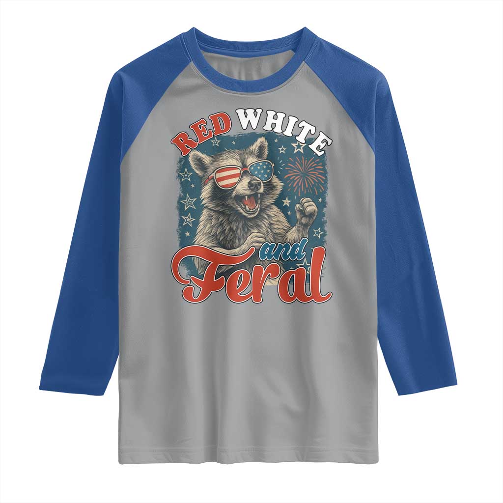 Red White and Feral Raccoon Raglan Shirt Funny Patriotic Fireworks Wild 4th of July Vibes - Wonder Print Shop