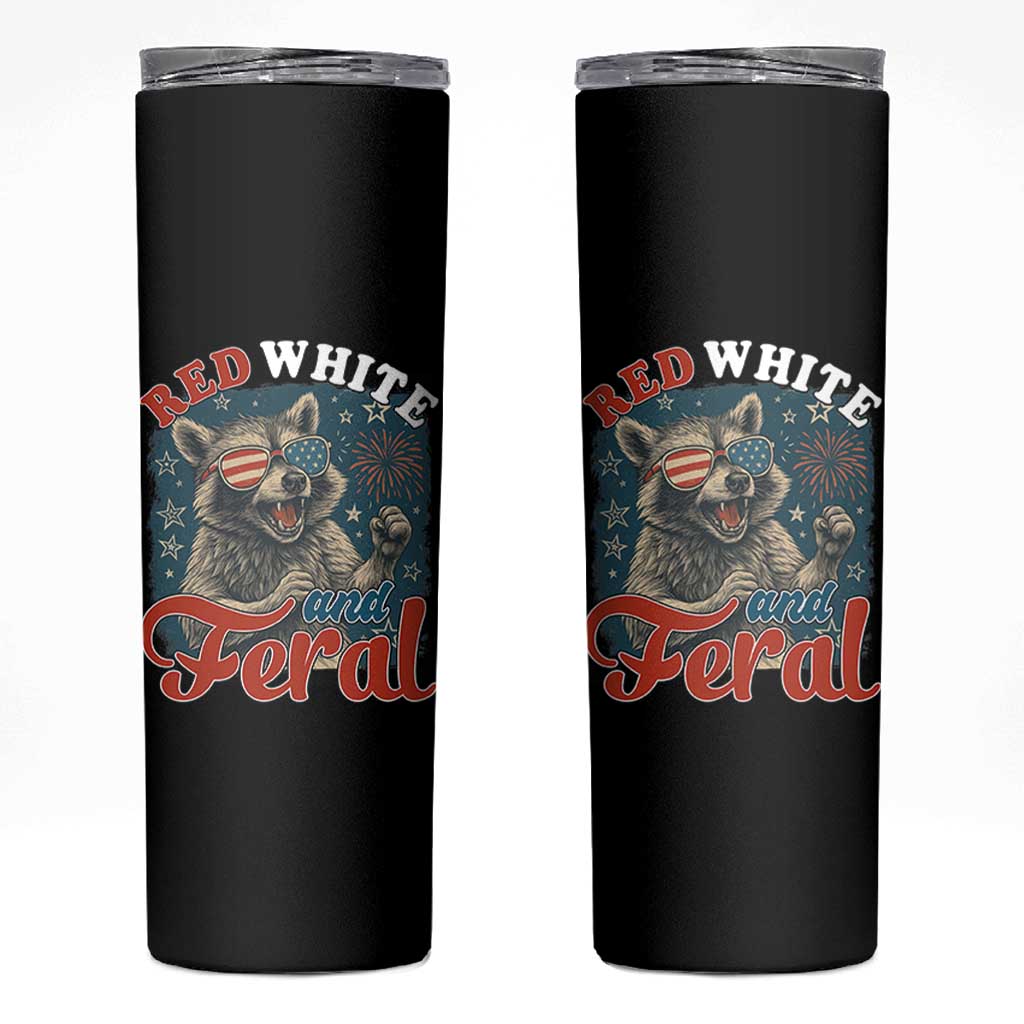 Red White and Feral Raccoon Skinny Tumbler Funny Patriotic Fireworks Wild 4th of July Vibes - Wonder Print Shop