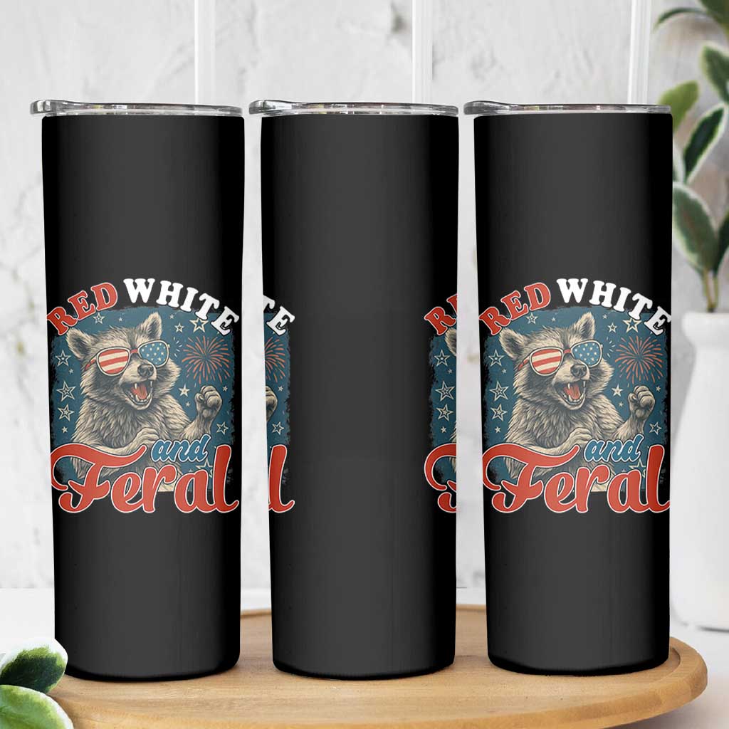 Red White and Feral Raccoon Skinny Tumbler Funny Patriotic Fireworks Wild 4th of July Vibes - Wonder Print Shop