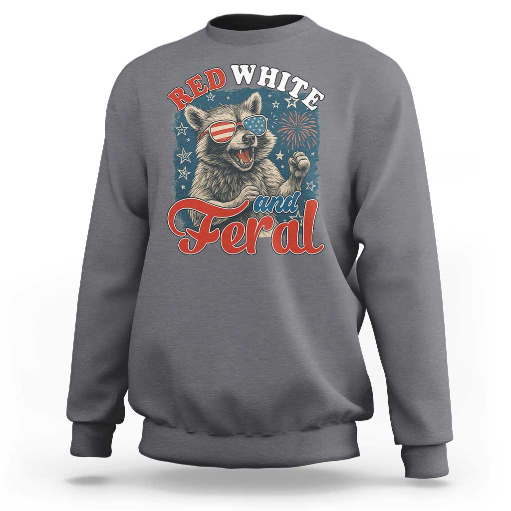 Red White and Feral Raccoon Sweatshirt Funny Patriotic Fireworks Wild 4th of July Vibes - Wonder Print Shop