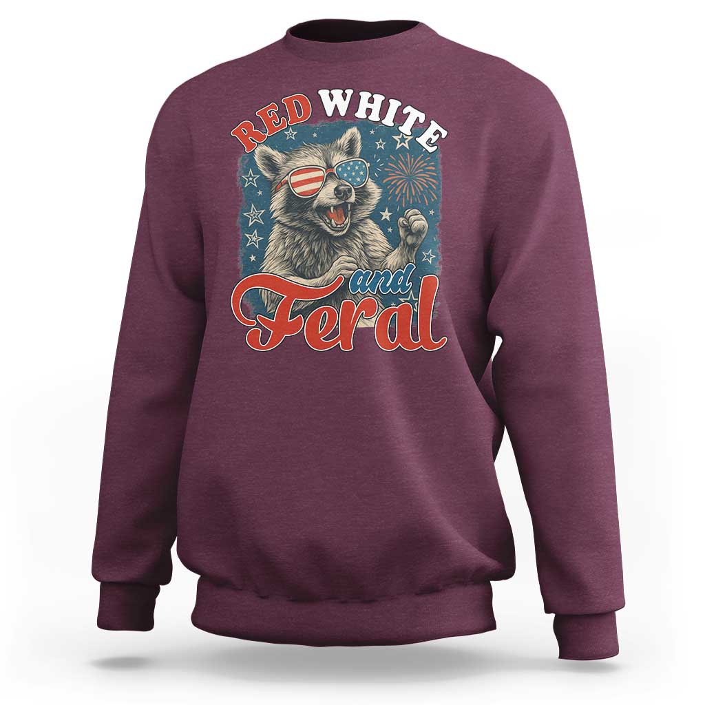 Red White and Feral Raccoon Sweatshirt Funny Patriotic Fireworks Wild 4th of July Vibes - Wonder Print Shop