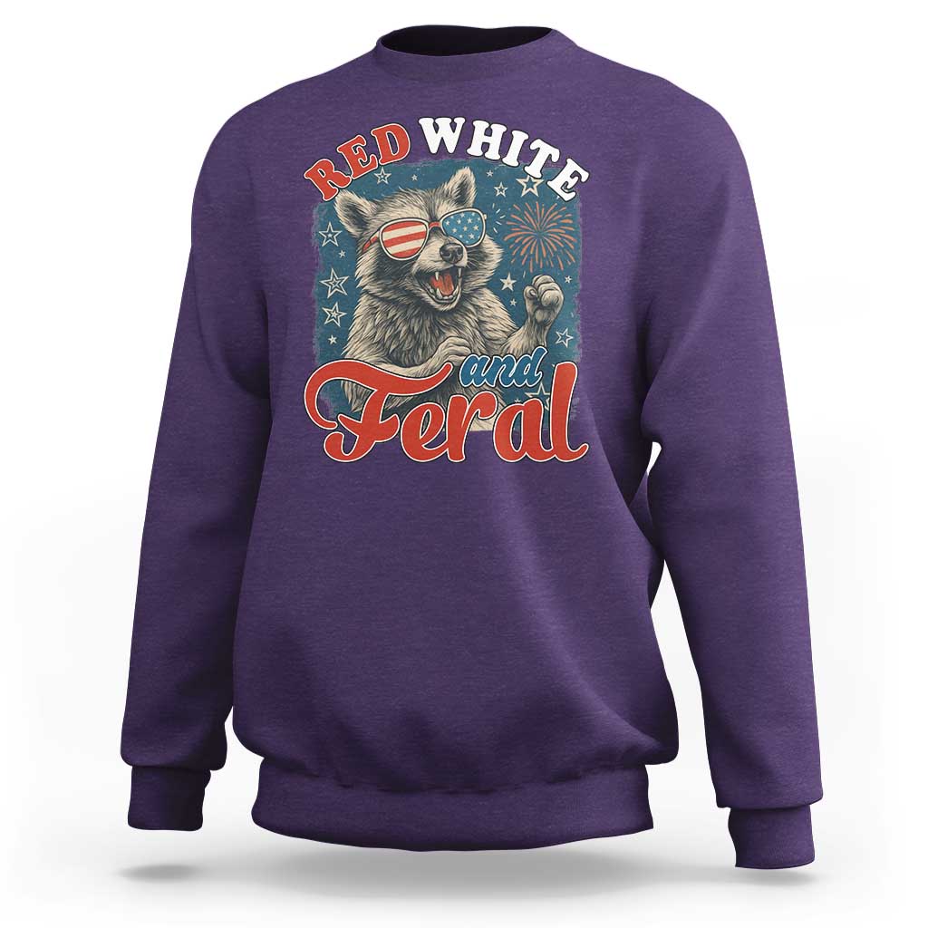 Red White and Feral Raccoon Sweatshirt Funny Patriotic Fireworks Wild 4th of July Vibes - Wonder Print Shop