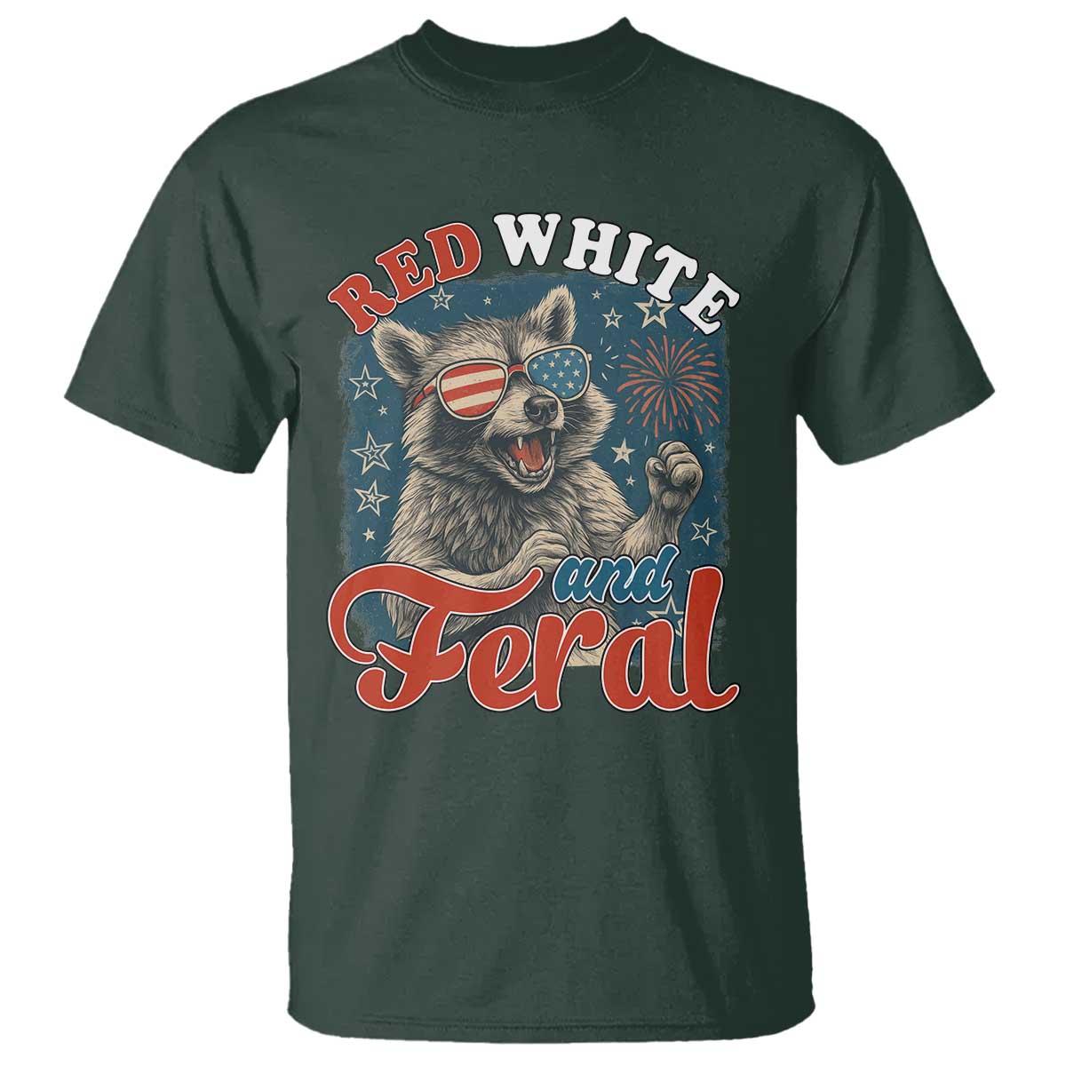 Red White and Feral Raccoon T Shirt Funny Patriotic Fireworks Wild 4th of July Vibes - Wonder Print Shop