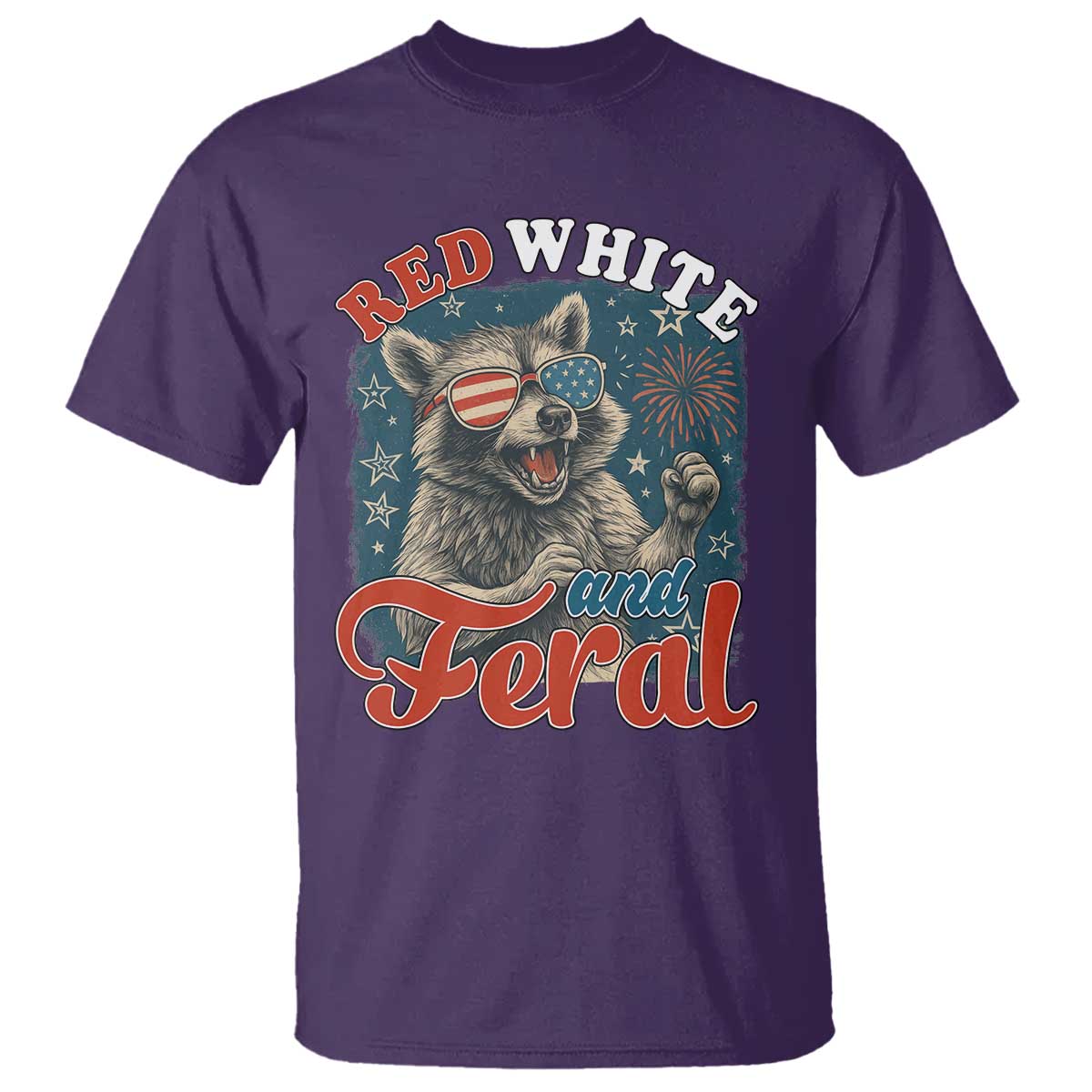Red White and Feral Raccoon T Shirt Funny Patriotic Fireworks Wild 4th of July Vibes - Wonder Print Shop