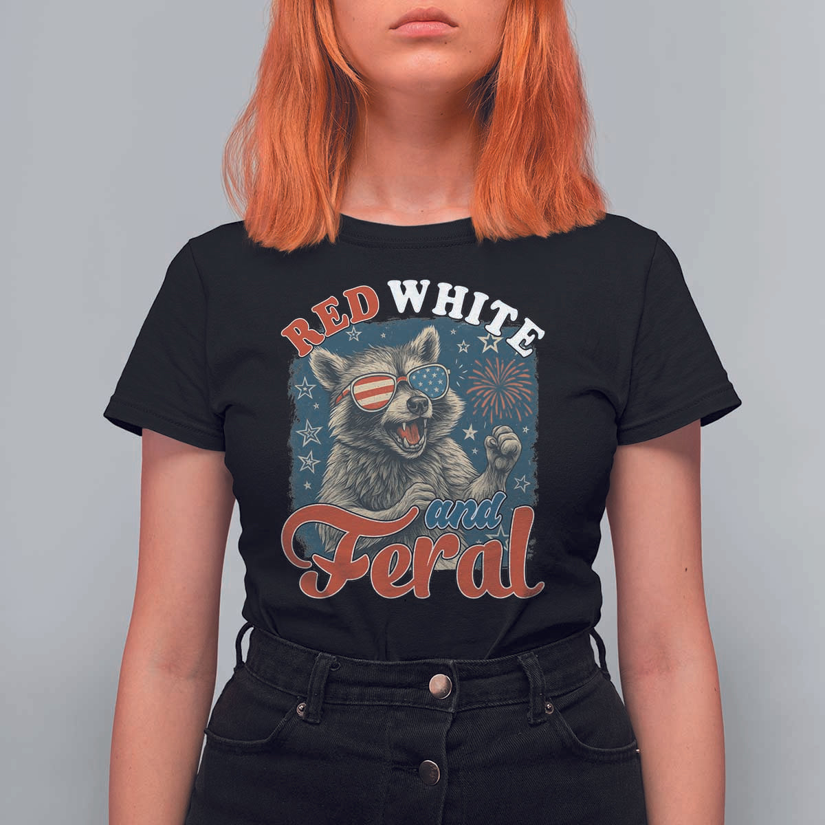 Red White and Feral Raccoon T Shirt For Women Funny Patriotic Fireworks Wild 4th of July Vibes - Wonder Print Shop