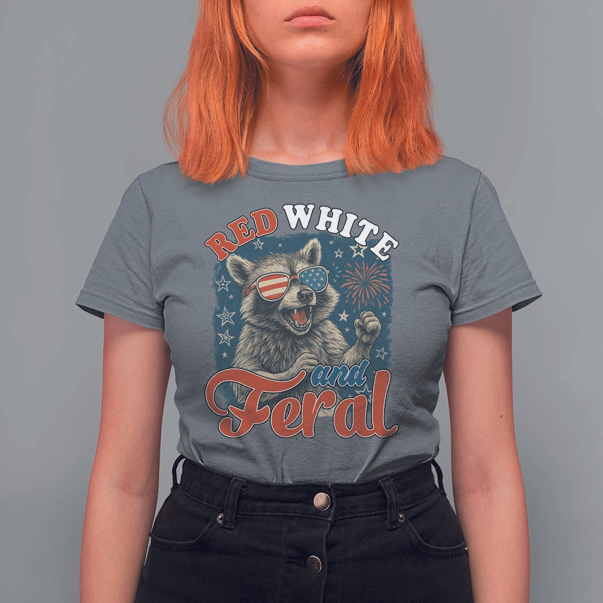 Red White and Feral Raccoon T Shirt For Women Funny Patriotic Fireworks Wild 4th of July Vibes - Wonder Print Shop