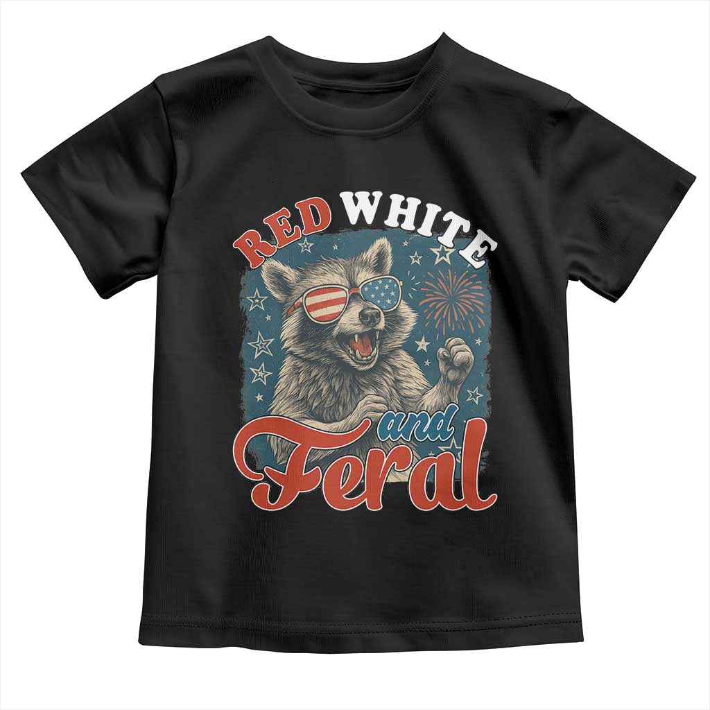 Red White and Feral Raccoon Toddler T Shirt Funny Patriotic Fireworks Wild 4th of July Vibes - Wonder Print Shop