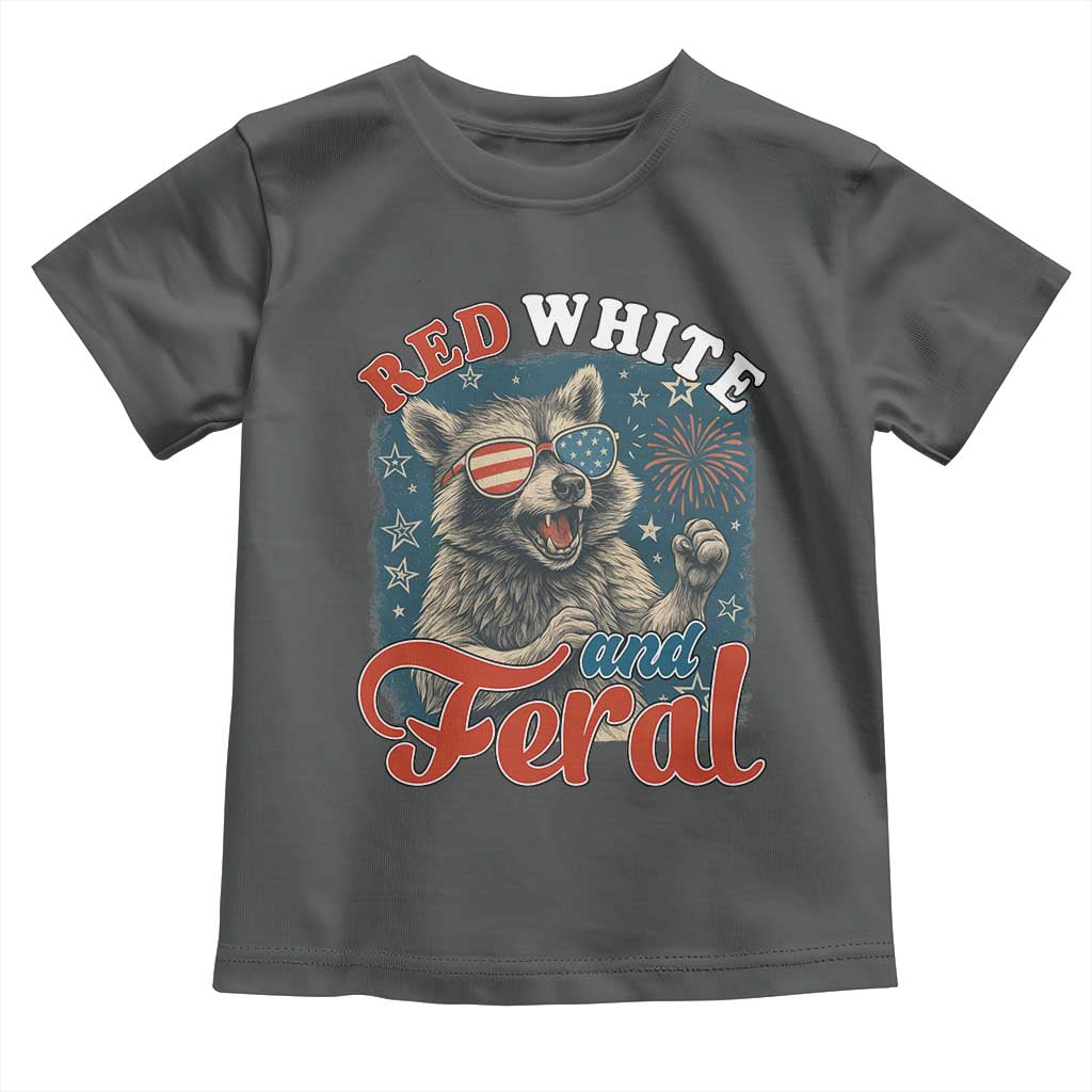 Red White and Feral Raccoon Toddler T Shirt Funny Patriotic Fireworks Wild 4th of July Vibes - Wonder Print Shop