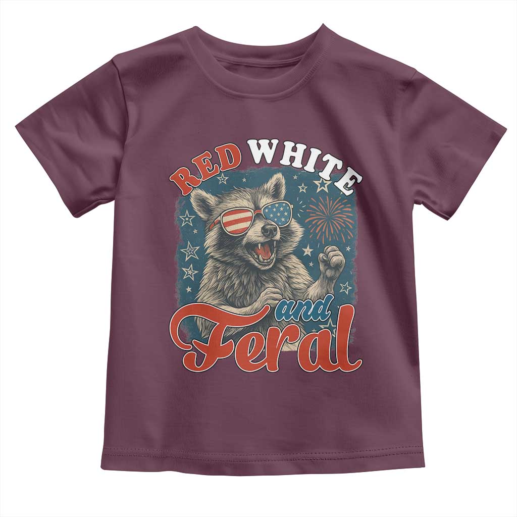 Red White and Feral Raccoon Toddler T Shirt Funny Patriotic Fireworks Wild 4th of July Vibes - Wonder Print Shop